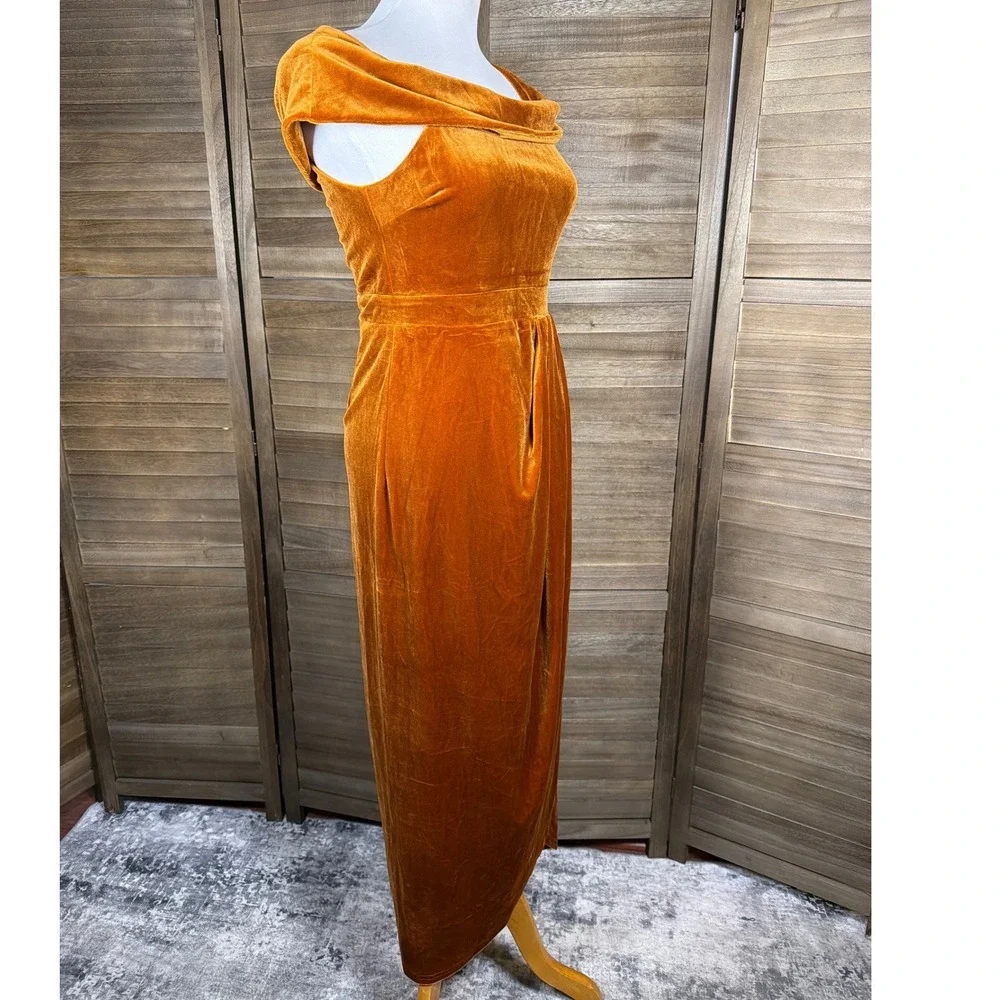 Lulus Rust Orange Velvet Off The Shoulder Maxi Dress Small Pleated Tulip Gown - Picture 6 of 10